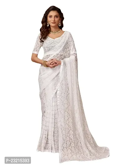 Linzess Women's Printed Net Beautiful Ethnic Wear Lightweight saree With Unstiched Blouse (NL-1111_White)