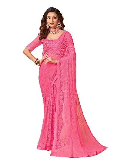 Linzess Women's Net Beautiful Ethnic Wear Lightweight saree With Unstiched Blouse (NL-1095_Dark Pink)