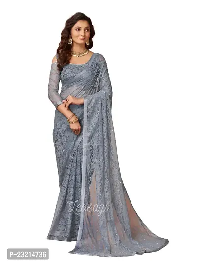 Linzess Women's Printed Net Beautiful Ethnic Wear Lightweight saree With Unstiched Blouse (NL-1098_Grey)