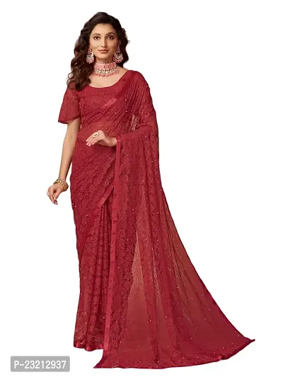 Linzess Women's Printed Net Beautiful Ethnic Wear Lightweight saree With Unstiched Blouse (NL-1102_Maroon)