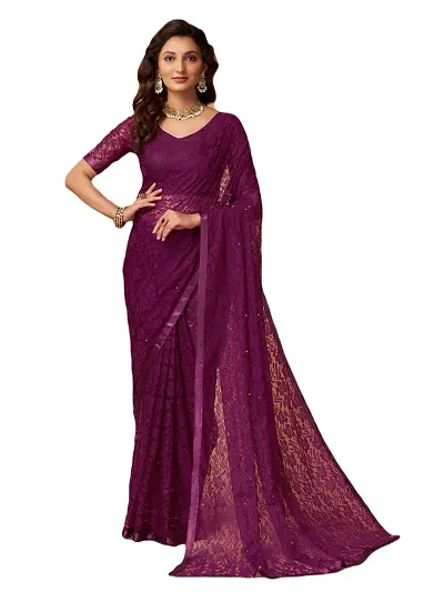 Linzess Women's Net Beautiful Ethnic Wear Lightweight saree With Unstiched Blouse (NL-1096_Dark Purple)