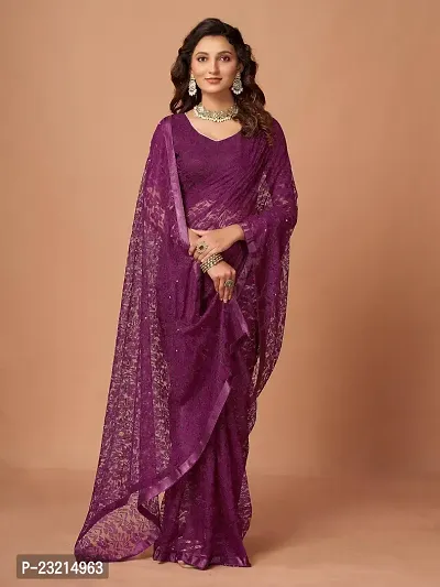 Linzess Women's Printed Net Beautiful Ethnic Wear Lightweight saree With Unstiched Blouse (NL-1096_Dark Purple)-thumb3