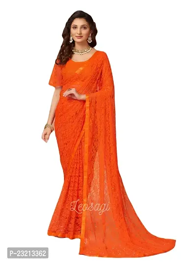 Linzess Women's Printed Net Beautiful Ethnic Wear Lightweight saree With Unstiched Blouse (NL-1105_Orange)