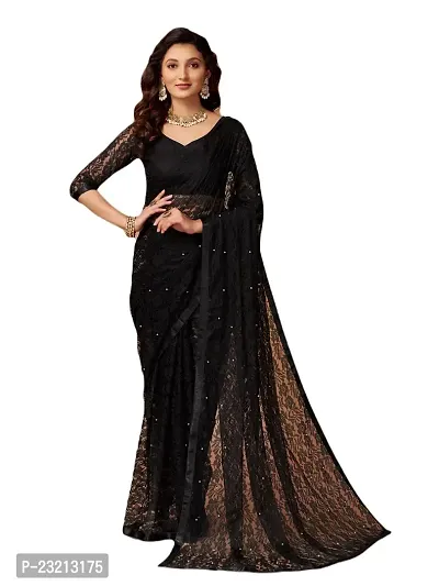 Linzess Women's Printed Net Beautiful Ethnic Wear Lightweight saree With Unstiched Blouse (NL-1093_Black)