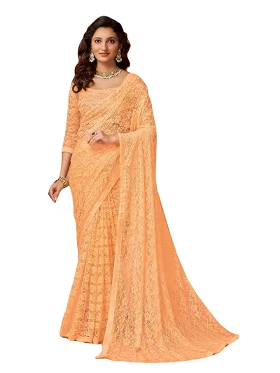 Linzess Women's Net Beautiful Ethnic Wear Lightweight saree With Unstiched Blouse (NL-1101_Light Orange)