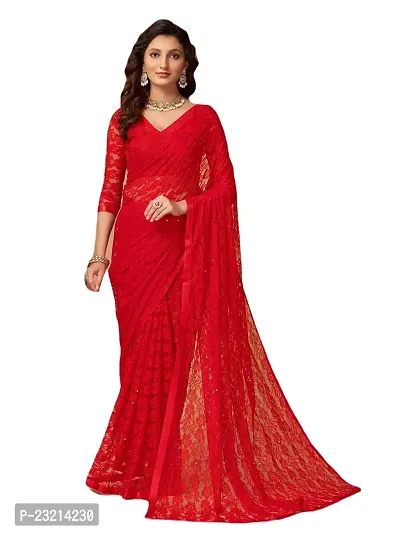 Linzess Women's Printed Net Beautiful Ethnic Wear Lightweight saree With Unstiched Blouse (NL-1109_Red)