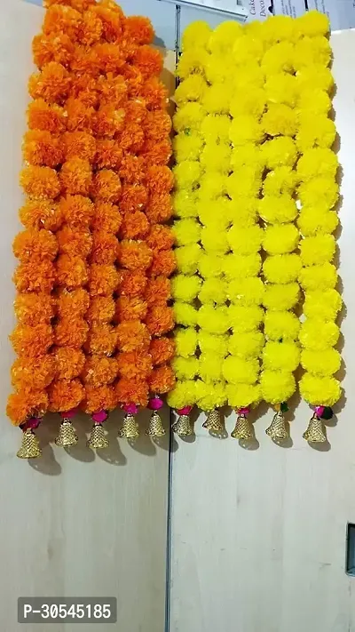 Vital Creations Artificial Marigold Flowers and Golden Hanging Bells Torans 5 ft Set of 10 Yellow, Orange Marigold Artificial Flower 60 inch, Pack of 10, Garlands-thumb0