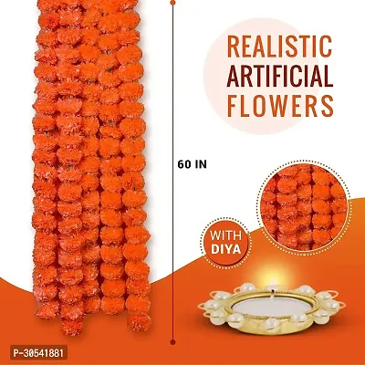 WDECOR 5 Strings Handmade Garland Gendha Phool Mala for Decoration Orange Marigold Artificial Flower 16 inch, Pack of 5, Garlands-thumb3