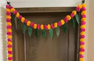 WDecor Artificial Fluffy Marigold and Mango Leaves Straight line Door Orange, Pink, Green Marigold Artificial Flower 5.76 inch, Pack of 1, Garlands-thumb1