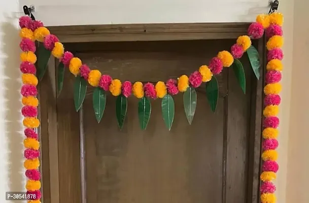 WDecor Artificial Fluffy Marigold and Mango Leaves Straight line Door Orange, Pink, Green Marigold Artificial Flower 5.76 inch, Pack of 1, Garlands-thumb2