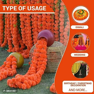 WDECOR 5 Strings Handmade Garland Gendha Phool Mala for Decoration Orange Marigold Artificial Flower 16 inch, Pack of 5, Garlands-thumb2