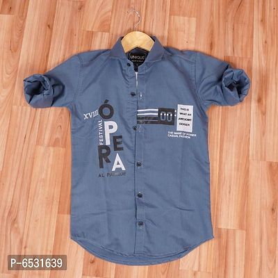 Stunning Blue Cotton Printed Long Sleeves Shirts For Boys