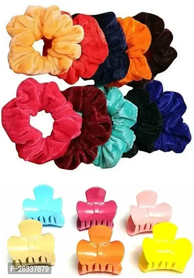 Myra collection Velvet Scrunchies Hair Rubber Band With 6 pcs Clutcher 04 Hair Accessory Set OF 12 (Multicolor)-thumb0