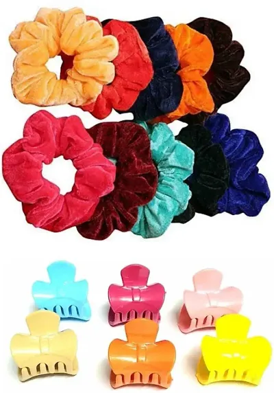 Myra collection Velvet Scrunchies Hair Rubber Band With 6 pcs Clutcher 04 Hair Accessory Set OF 12 (Multicolor)