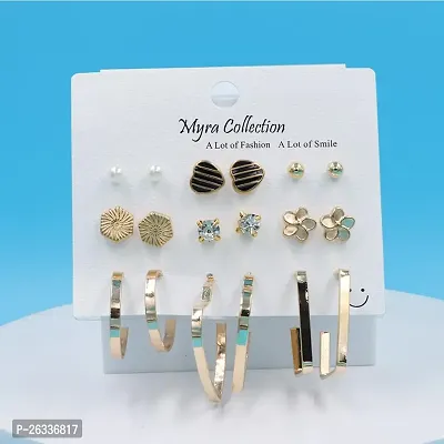 Myra Collection Pack of 9 Pcs Pearl Multiearring Design Fashionable Earring Accessories-thumb0