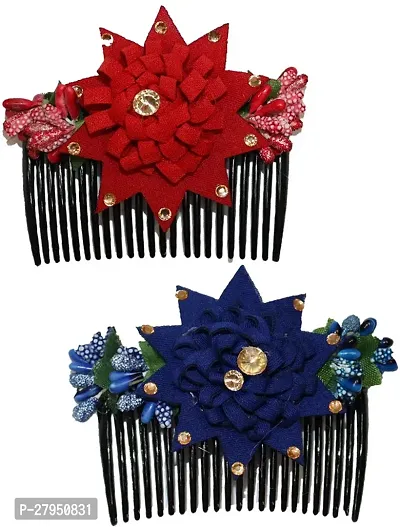 Artificial Flowers Jewellery Hair Comb Pin For Women Pack Of 2 Hair Combo Red, Blue