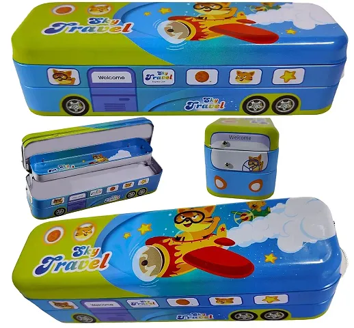 Bus Shape Pencil Box with Wheel Pull and Move Pencil Box (Sky Travel Blue)