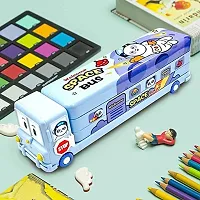 School Bus Pencil Box (Blue Color) Geometry Box with Sharpener Cartoon Printed Dual Compartment Space Bus-thumb3
