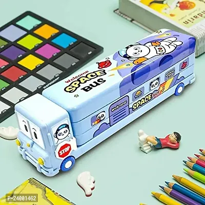 School Bus Pencil Box (Blue Color) Geometry Box with Sharpener Cartoon Printed Dual Compartment Space Bus AA-thumb5