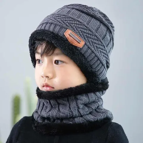 NVS 2Pcs Boy's & Girl's Winter Knitted Hats+ Scarf Set Warm Fleece Lining Cap with Neckwarmer Color