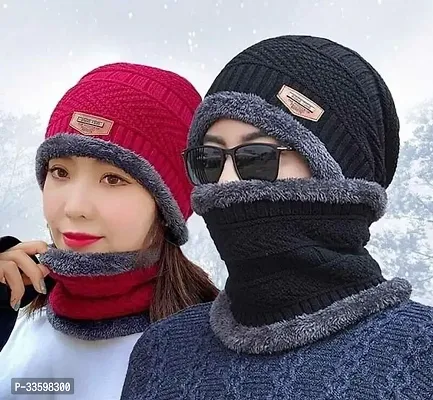 AYANSH SALES Unisex Winter Knit Beanie Cap Hat Neck Warmer Scarf(MultiColor,Pack of 2)-thumb0