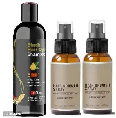 Black Hair Dye 3 In 1 Shampoo For Shine Hair  Moisturizing Healthy Hair (100ml)  Ginger Extract Hair Growth Spray (2x30ml) - Combo of 3 Items-thumb0