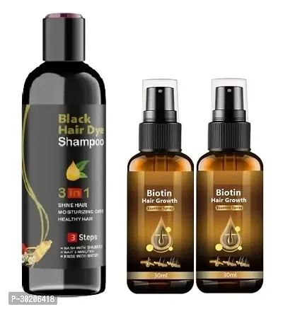 Black Hair Dye 3 In 1 Shampoo For Shine Hair  Moisturizing Healthy Hair 100ml  Biotin Hair Growth Essence Spray/Serum 2x30ml Combo of 3 Items-thumb0