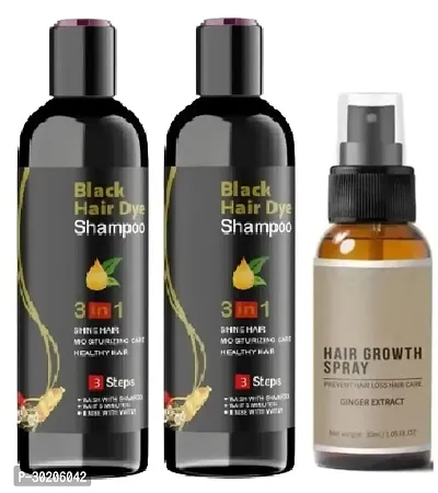 Black Hair Dye 3 In 1 Shampoo For Shine Hair  Moisturizing Healthy Hair (2x100ml)  Ginger Extract Hair Growth Spray (30ml) - Combo of 3 Items-thumb0