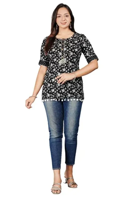 VNSAGAR Rayon Floral Top 3/4 Sleeve, Round Neck top for Womens and Girls