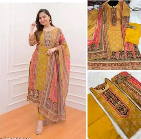 Muslin Printed With Sequence and Lace Work Kurta With Pant And Dupatta Sets