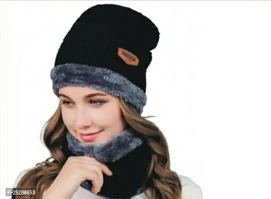 Woolen Fur Cap and Muffler Combo for Winter Wear-thumb0