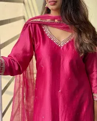 Designer Womens Pink Cotton Blend Solid Straight Kurta With Trousers and Dupatta-thumb2