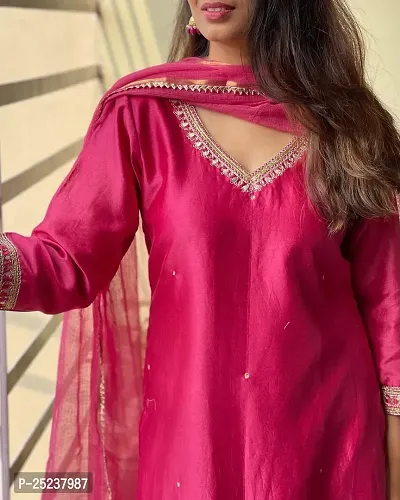 Designer Womens Pink Cotton Blend Solid Straight Kurta With Trousers and Dupatta-thumb3