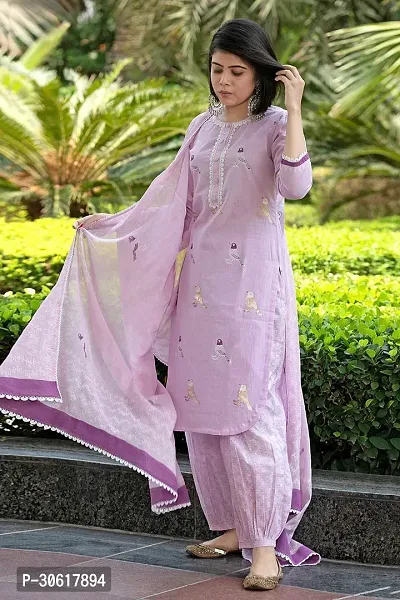 Elegant Cotton Blend Lace Kurta with Pant And Dupatta Set For Women-thumb0