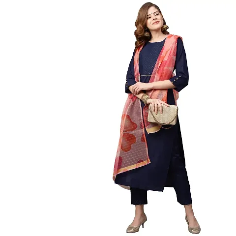 Stylish Womens Blend Straight Solid Kurta With Pant And Dupatta