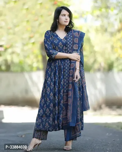 Stylish Blue Rayon Printed Kurta Bottom and Dupatta Set For Women-thumb0