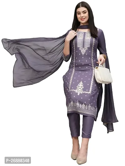 Beautiful Grey Cotton Blend Kurta, Bottom and Dupatta Set For Women-thumb0