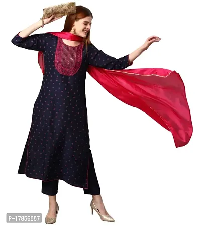 Stylish Womens Cotton Blend Printed Straight Kurta With Pant And Dupatta-thumb0