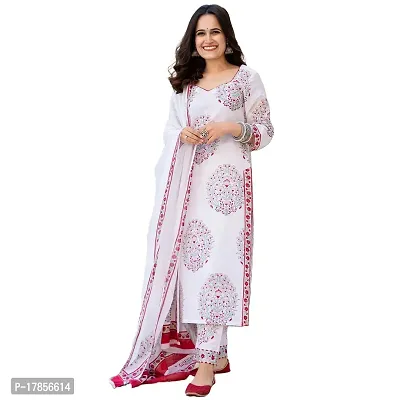 Stylish Womens Cotton Blend Floral Printed Straight Kurta With Pants And Dupatta