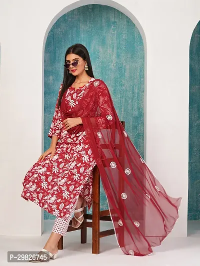 Elegant Red Printed Cotton Blend Kurta with Pant And Dupatta Set For Women