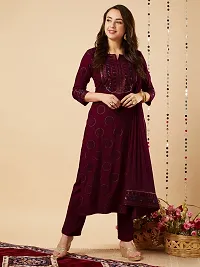 Stylish Wine Cotton Blend Printed Kurta Bottom and Dupatta Set For Women-thumb4