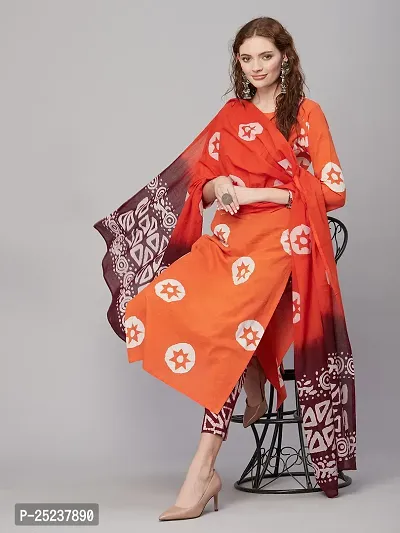 Designer Womens Cotton Blend Orange Straight Kurta With Trousers and Dupatta-thumb3