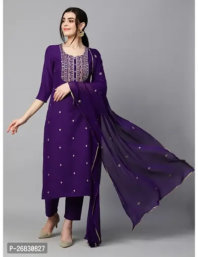 Straight Purple Embroidered Cotton Blend Kurta, Bottom and Dupatta Set For Women-thumb4