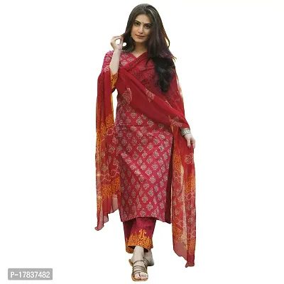 Stylish Womens Cotton Blend Floral Printed Straight Kurta With Pants And Dupatta