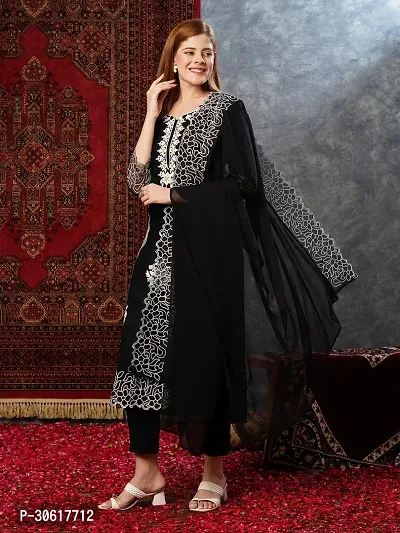 Elegant Cotton Blend Embroidered Kurta with Pant And Dupatta Set For Women-thumb2