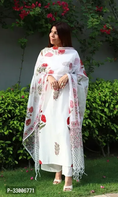 Stylish White Rayon Floral Kurta Bottom and Dupatta Set For Women-thumb0