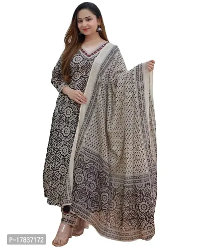 Stylish Womens Cotton Blend Block Printed Straight Kurta With Pant And Dupatta-thumb0