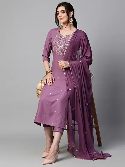 Stylish Cotton Blend Embroidered Kurta Bottom Dupatta Set