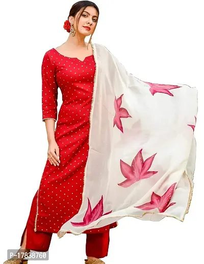 Stylish Womens Cotton Blend Handpainted Printed Kurta With Palazzo And Dupatta