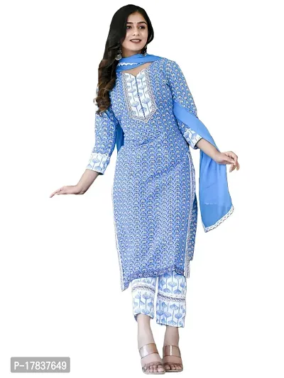 Stylish Womens Cotton Blend Printed Straight Kurta With Pant And Dupatta-thumb0